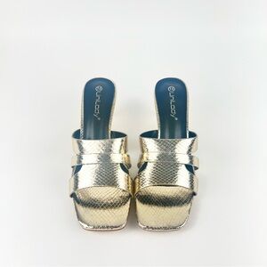 Metallic Gold Snake-Print Heeled Mules
